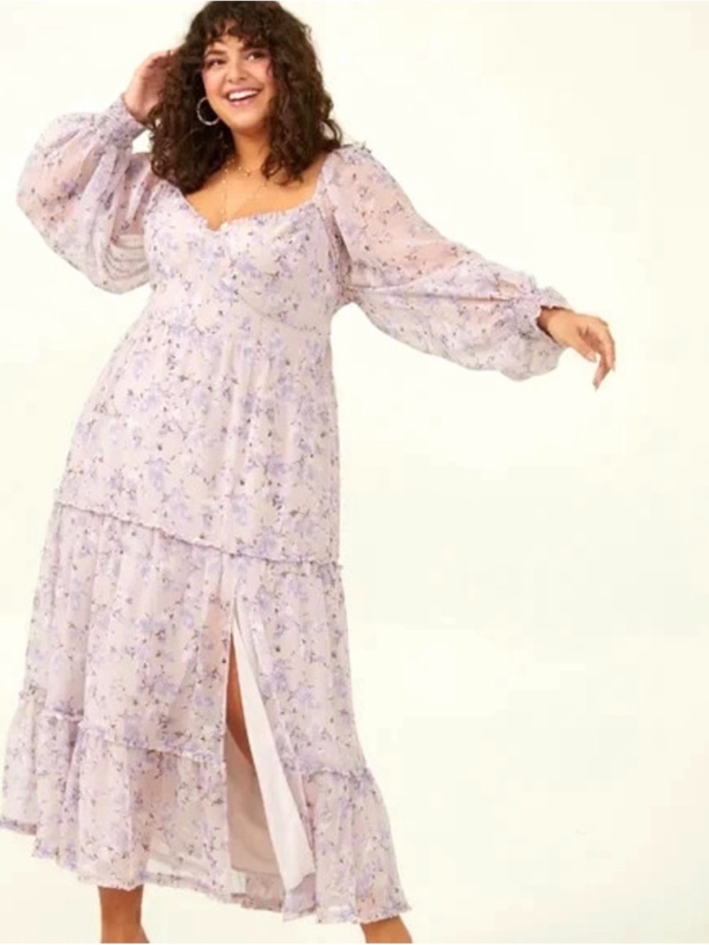 NWT 3X ARULA Lavender Floral Tiered Maxi Dress with Puff Sleeves